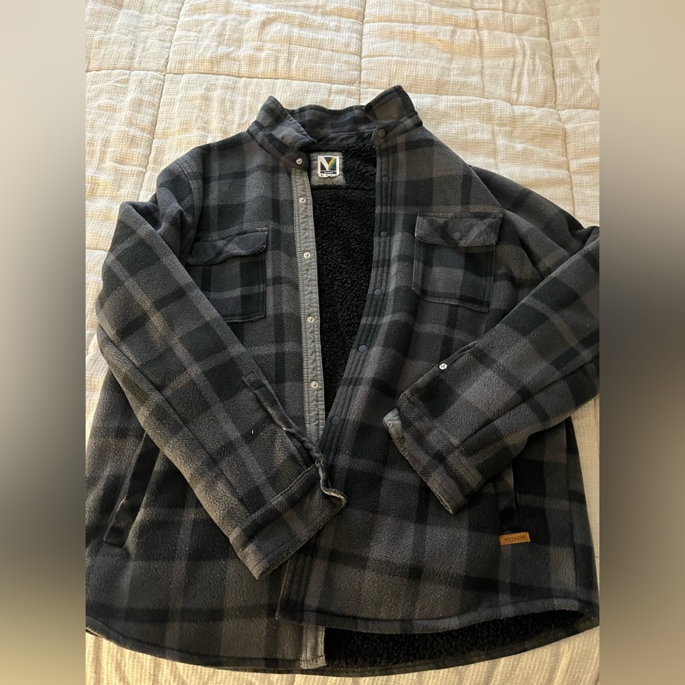 Lightly worn thick fluffy button up flannel (remote fleece from voyager)